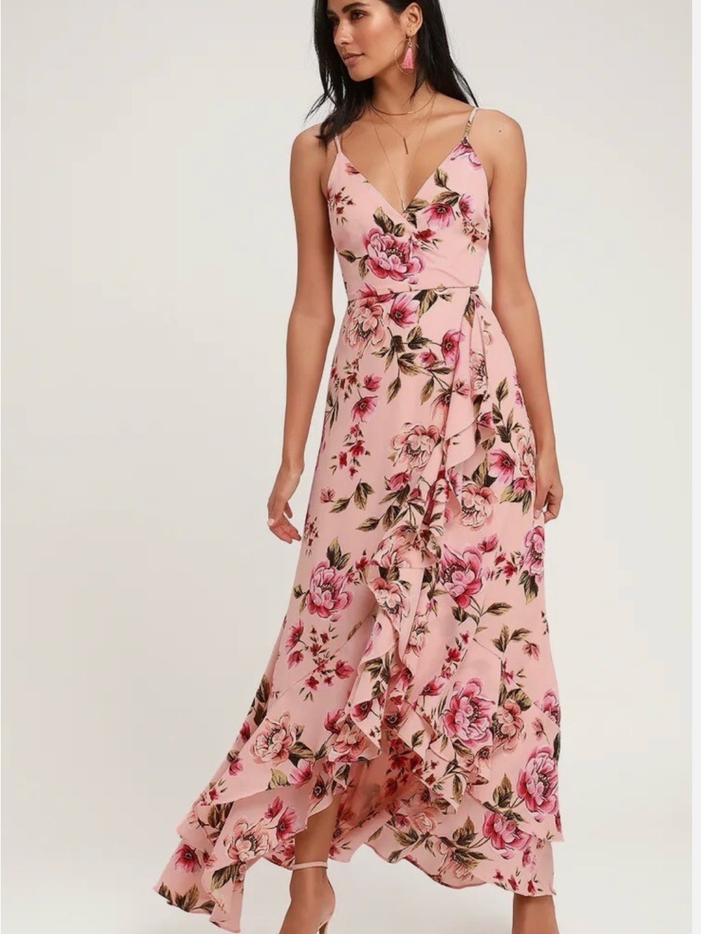 Lulus Bella Blush Pink Floral Print Maxi Dress Summer Wedding Guest Dress Size M